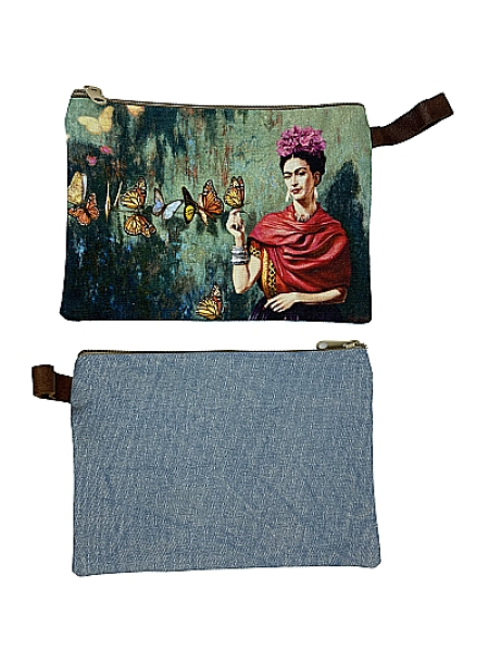 Täschchen mit Reißverschluss mit einem Frieda Kahlo Motiv bedruckt